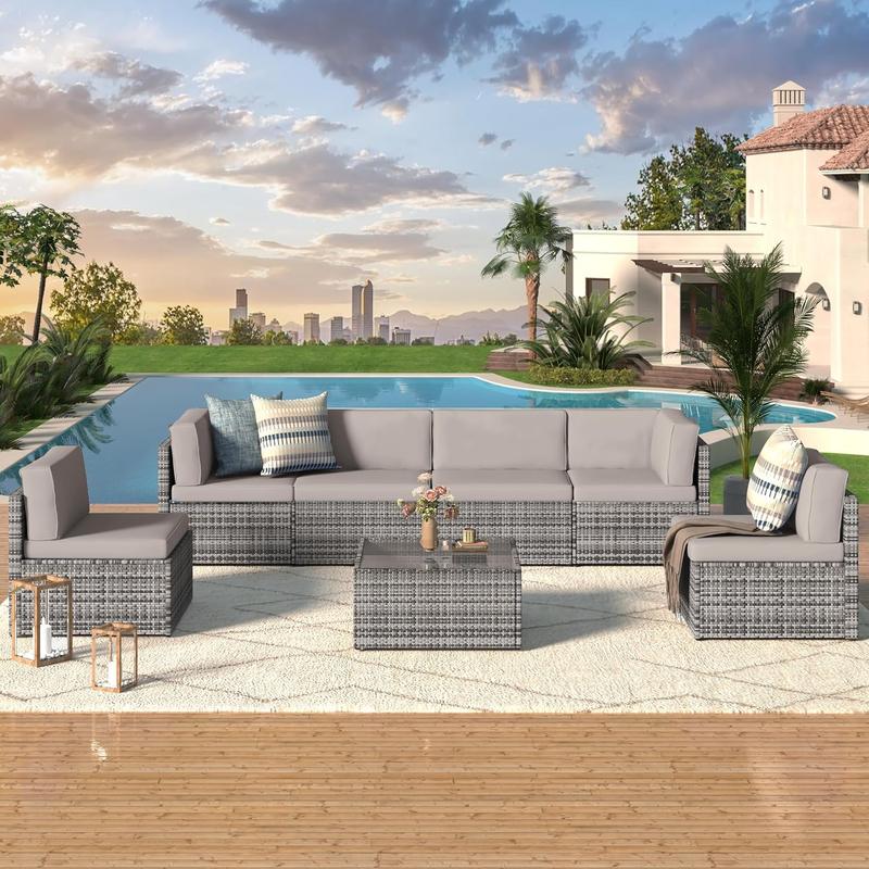Set de muebles para patio exterior de 7 piezas, conjunto modular de sofá seccional con sillas y mesa de centro, ideal para jardín, terraza y patio trasero.