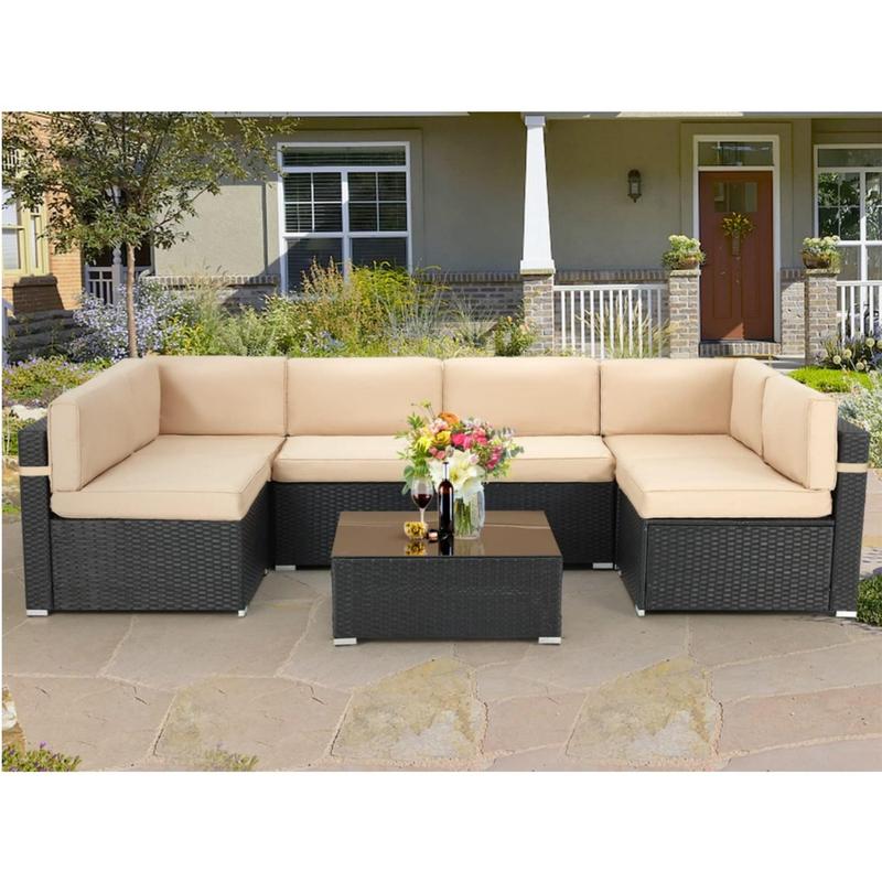 Set de muebles para patio exterior de 7 piezas, conjunto modular de sofá seccional con sillas y mesa de centro, ideal para jardín, terraza y patio trasero.