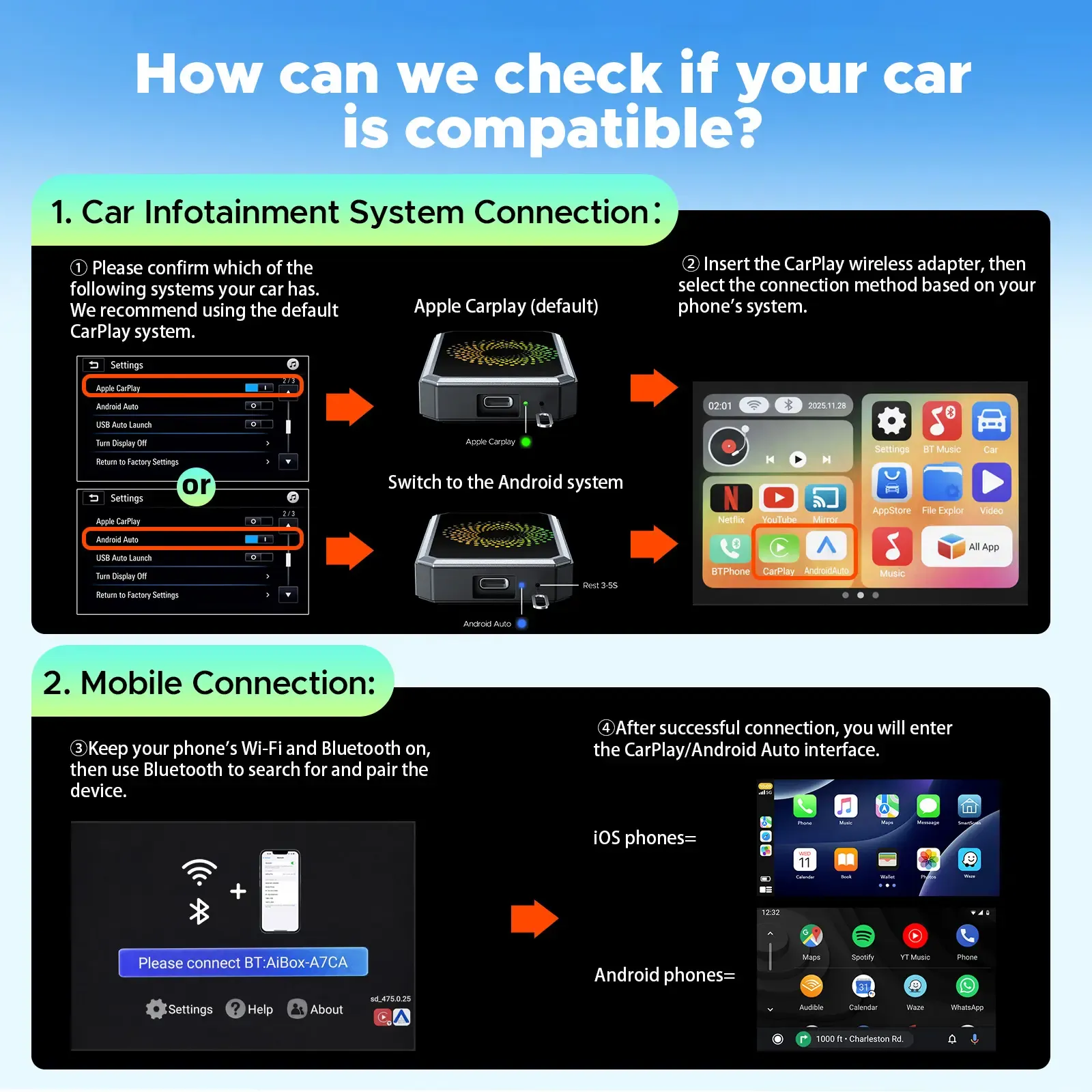 Adaptador CarPlay Inalámbrico con Android para Netflix, YouTube y TikTok Compatible con CarPlay Cableado