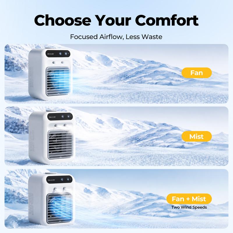 Ventilador Enfriador Portátil BougeRV 3 en 1, Recargable con 2 Velocidades de Neblina y Potente Flujo de Aire, Mini Ventilador Multifuncional para Recámara, Oficina y Camping.