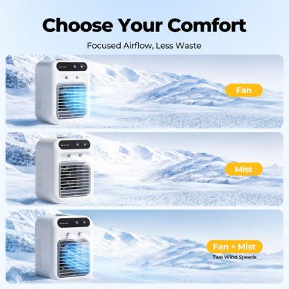 Ventilador Enfriador Portátil BougeRV 3 en 1, Recargable con 2 Velocidades de Neblina y Potente Flujo de Aire, Mini Ventilador Multifuncional para Recámara, Oficina y Camping.