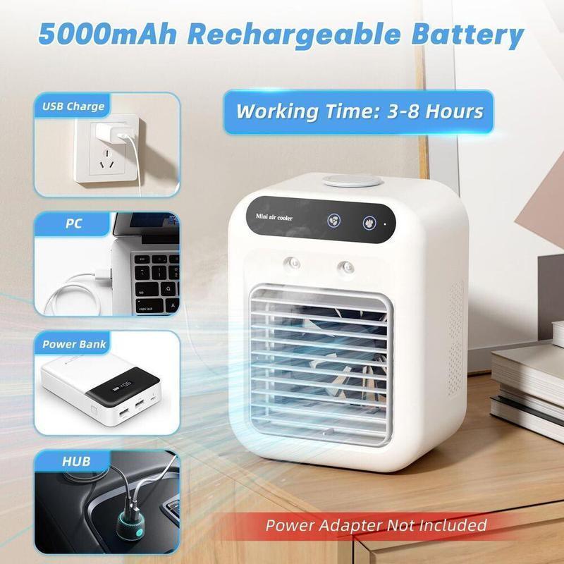 Ventilador Enfriador Portátil BougeRV 3 en 1, Recargable con 2 Velocidades de Neblina y Potente Flujo de Aire, Mini Ventilador Multifuncional para Recámara, Oficina y Camping.