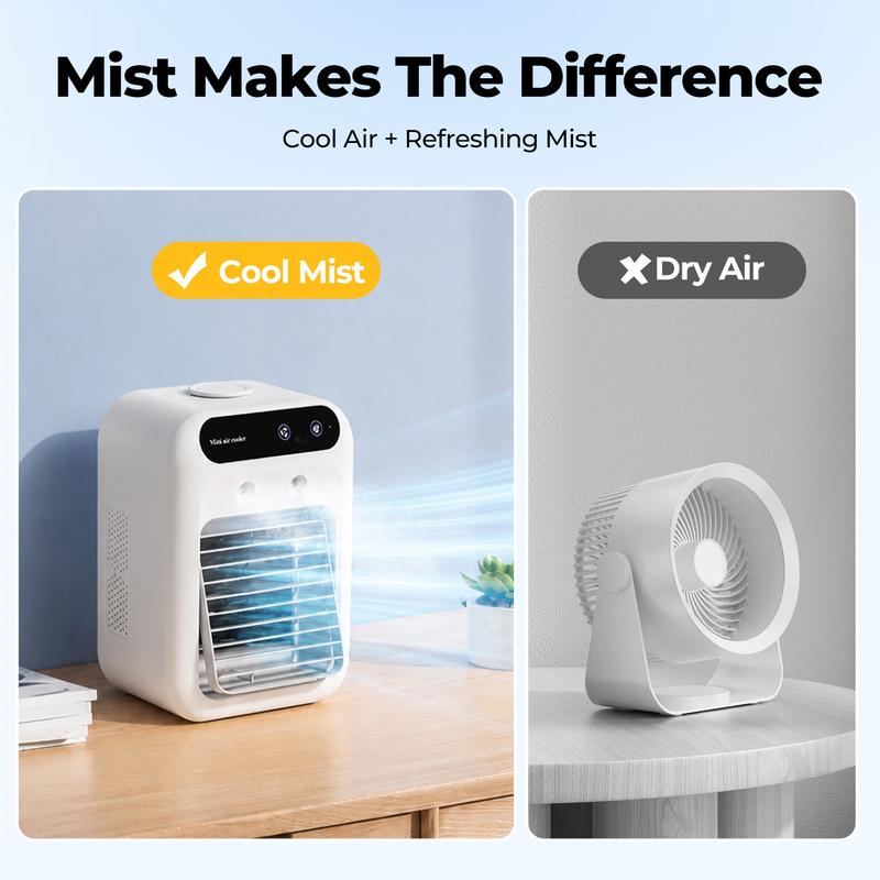 Ventilador Enfriador Portátil BougeRV 3 en 1, Recargable con 2 Velocidades de Neblina y Potente Flujo de Aire, Mini Ventilador Multifuncional para Recámara, Oficina y Camping.