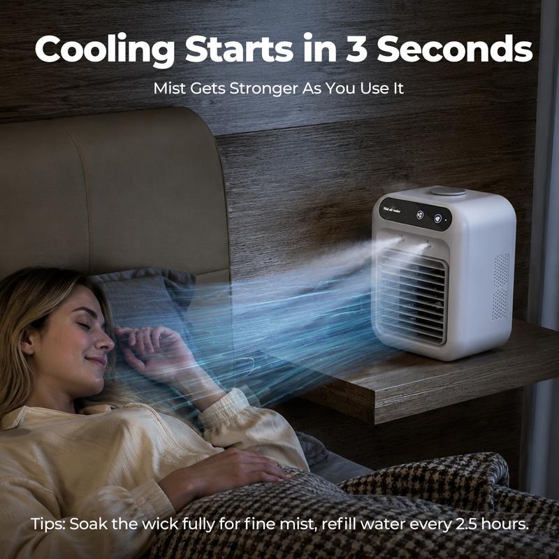 Ventilador Enfriador Portátil BougeRV 3 en 1, Recargable con 2 Velocidades de Neblina y Potente Flujo de Aire, Mini Ventilador Multifuncional para Recámara, Oficina y Camping.