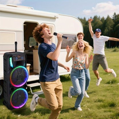Sistema de altavoces PA portátil con Bluetooth, alta potencia, doble woofer de 15" y tweeter de 1.5"; inalámbrico y recargable, incluye dos micrófonos inalámbricos, control remoto, luces LED de fiesta multicolor y sonido estéreo (SoundBox DJ).