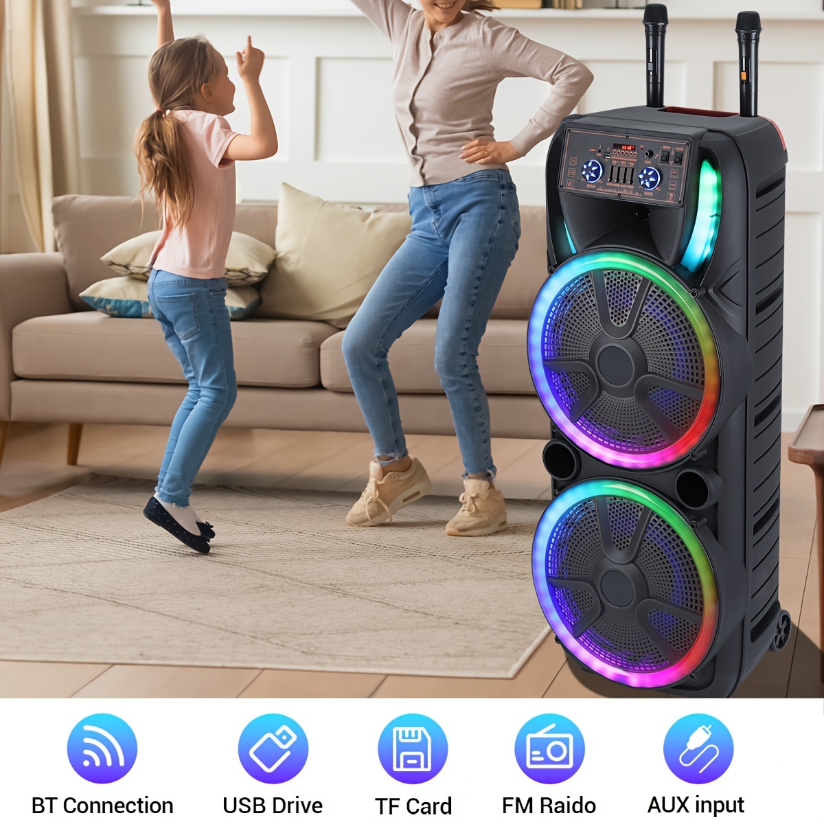 Sistema de altavoces PA portátil con Bluetooth, alta potencia, doble woofer de 15" y tweeter de 1.5"; inalámbrico y recargable, incluye dos micrófonos inalámbricos, control remoto, luces LED de fiesta multicolor y sonido estéreo (SoundBox DJ).
