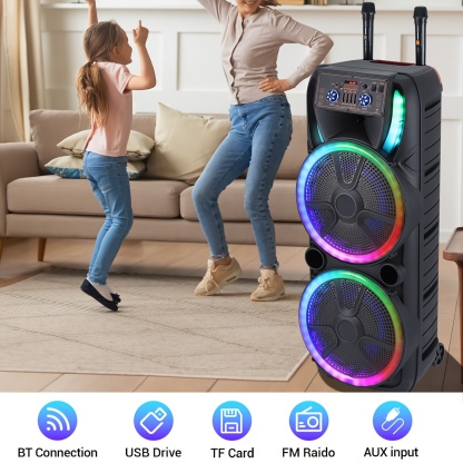 Sistema de altavoces PA portátil con Bluetooth, alta potencia, doble woofer de 15" y tweeter de 1.5"; inalámbrico y recargable, incluye dos micrófonos inalámbricos, control remoto, luces LED de fiesta multicolor y sonido estéreo (SoundBox DJ).