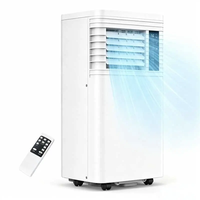 Aire acondicionado portátil 8000-10,000 BTU, enfría hasta 32 m², control remoto, pantalla LED, temporizador 24h, modo noche y kit de instalación para ventana, ideal para dormitorio, sala o oficina.