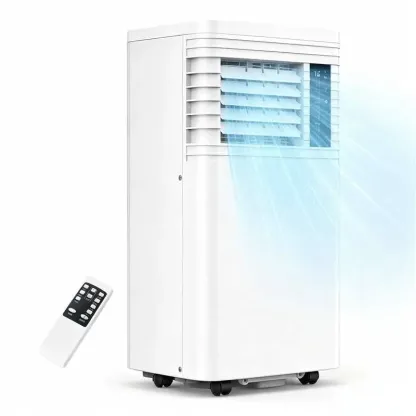 Aire acondicionado portátil 8000-10,000 BTU, enfría hasta 32 m², control remoto, pantalla LED, temporizador 24h, modo noche y kit de instalación para ventana, ideal para dormitorio, sala o oficina.