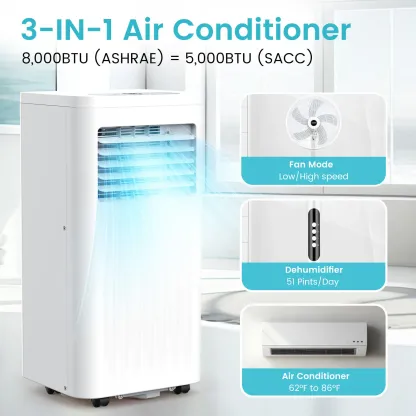 Aire acondicionado portátil 8000-10,000 BTU, enfría hasta 32 m², control remoto, pantalla LED, temporizador 24h, modo noche y kit de instalación para ventana, ideal para dormitorio, sala o oficina.