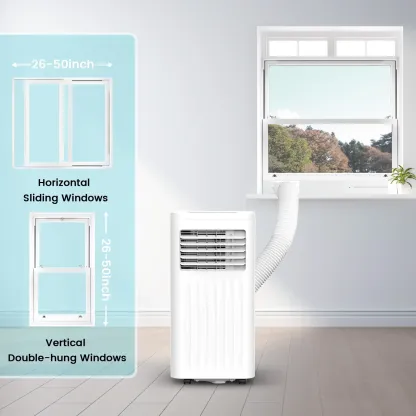 Aire acondicionado portátil 8000-10,000 BTU, enfría hasta 32 m², control remoto, pantalla LED, temporizador 24h, modo noche y kit de instalación para ventana, ideal para dormitorio, sala o oficina.