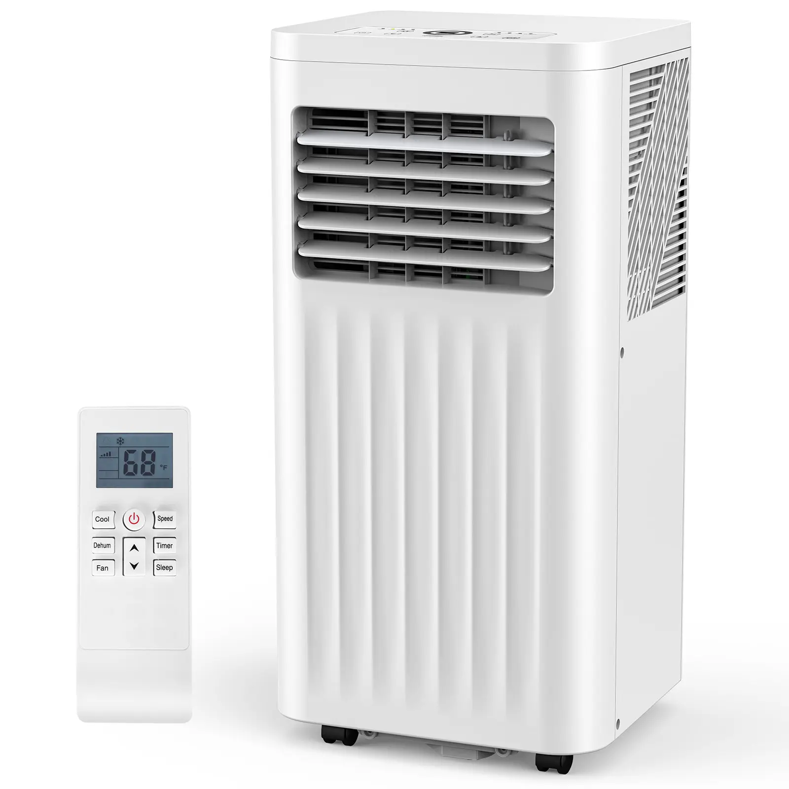 Aire acondicionado portátil 8000-10,000 BTU, enfría hasta 32 m², control remoto, pantalla LED, temporizador 24h, modo noche y kit de instalación para ventana, ideal para dormitorio, sala o oficina.