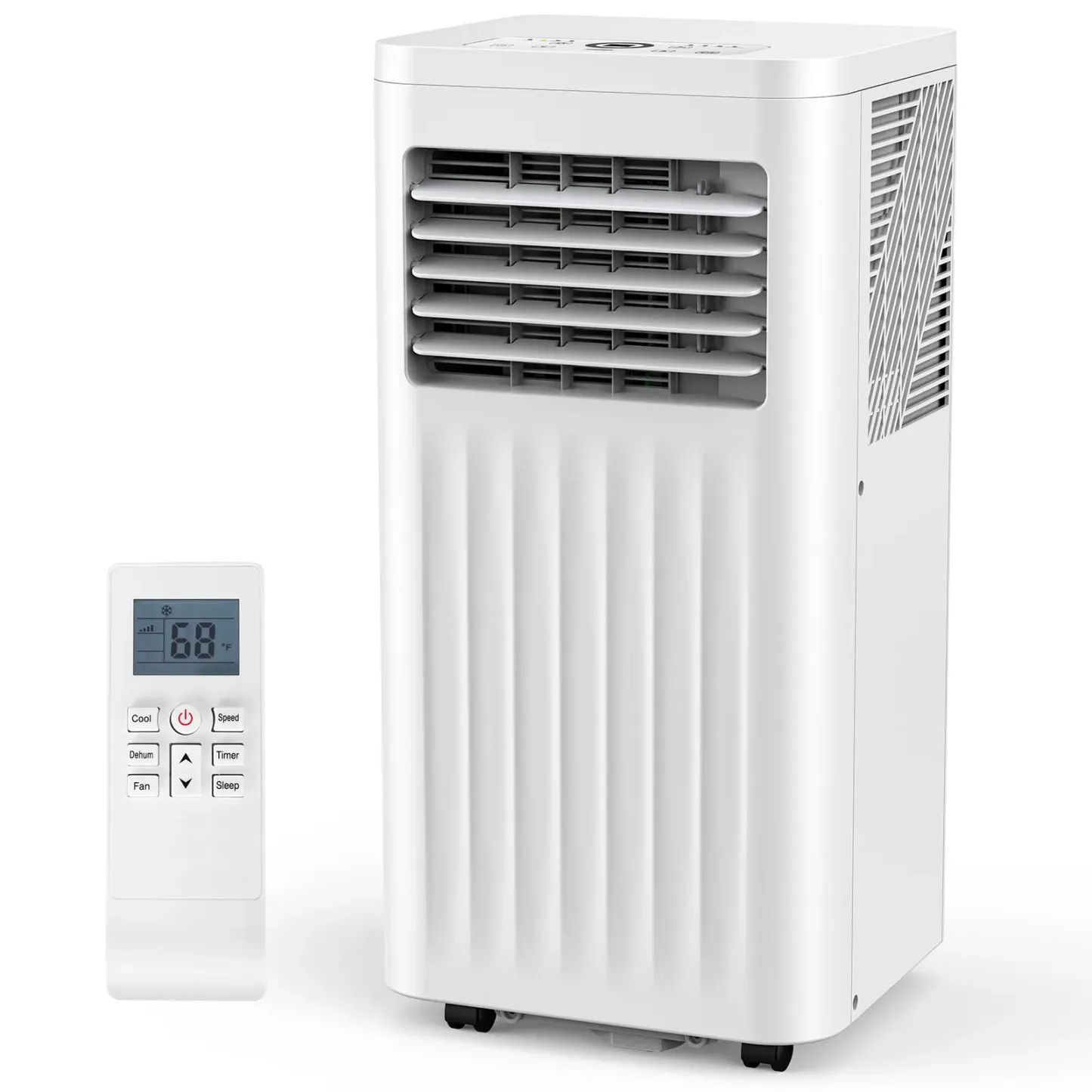 Aire acondicionado portátil 8000-10,000 BTU, enfría hasta 32 m², control remoto, pantalla LED, temporizador 24h, modo noche y kit de instalación para ventana, ideal para dormitorio, sala o oficina.