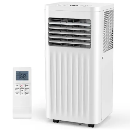 Aire acondicionado portátil 8000-10,000 BTU, enfría hasta 32 m², control remoto, pantalla LED, temporizador 24h, modo noche y kit de instalación para ventana, ideal para dormitorio, sala o oficina.