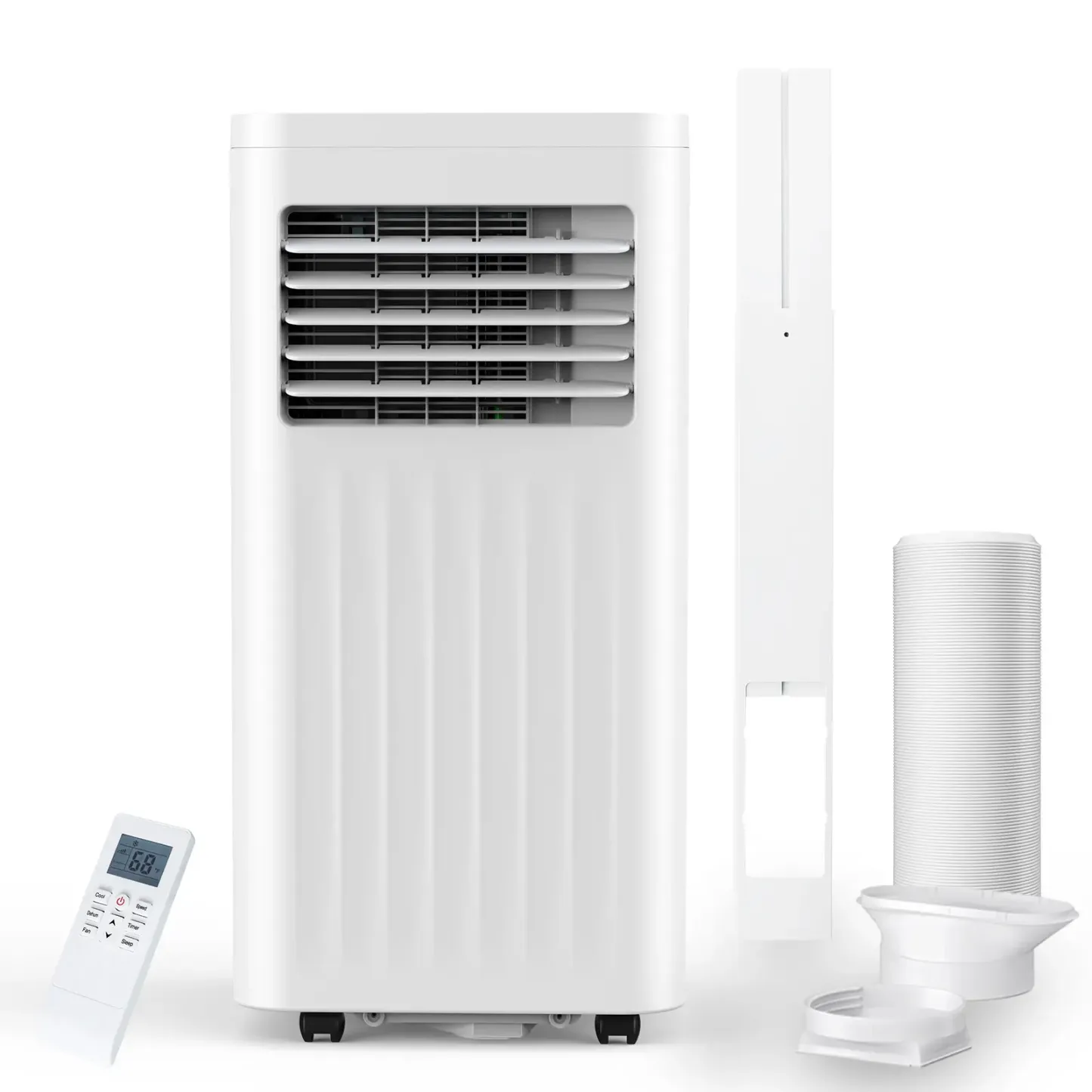 Aire acondicionado portátil 8000-10,000 BTU, enfría hasta 32 m², control remoto, pantalla LED, temporizador 24h, modo noche y kit de instalación para ventana, ideal para dormitorio, sala o oficina.