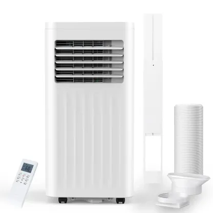 Aire acondicionado portátil 8000-10,000 BTU, enfría hasta 32 m², control remoto, pantalla LED, temporizador 24h, modo noche y kit de instalación para ventana, ideal para dormitorio, sala o oficina.
