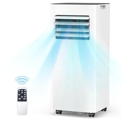 Aire acondicionado portátil 8000-10,000 BTU, enfría hasta 32 m², control remoto, pantalla LED, temporizador 24h, modo noche y kit de instalación para ventana, ideal para dormitorio, sala o oficina.