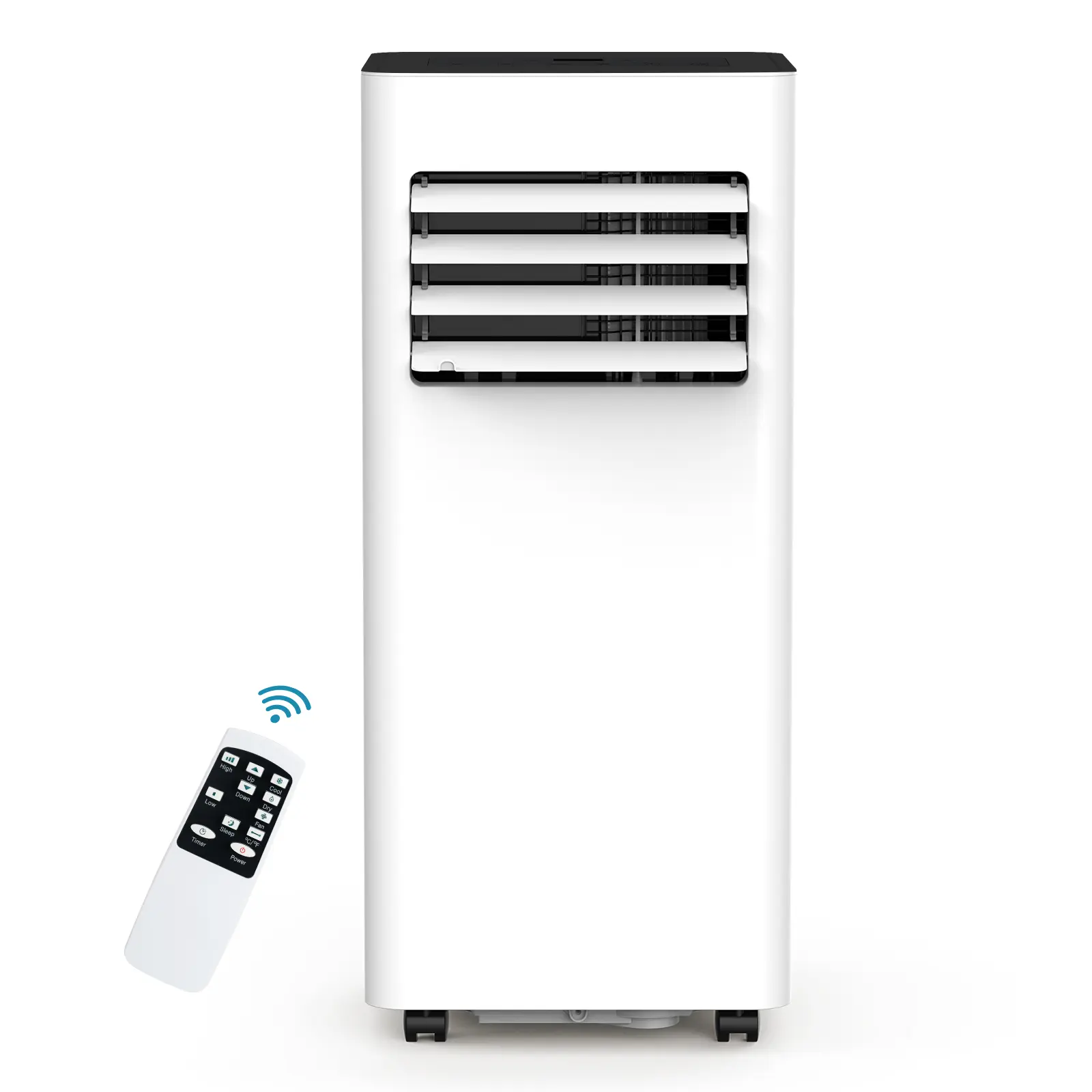 Aire acondicionado portátil 8000-10,000 BTU, enfría hasta 32 m², control remoto, pantalla LED, temporizador 24h, modo noche y kit de instalación para ventana, ideal para dormitorio, sala o oficina.
