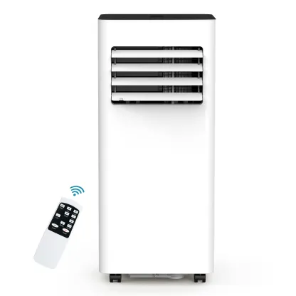 Aire acondicionado portátil 8000-10,000 BTU, enfría hasta 32 m², control remoto, pantalla LED, temporizador 24h, modo noche y kit de instalación para ventana, ideal para dormitorio, sala o oficina.