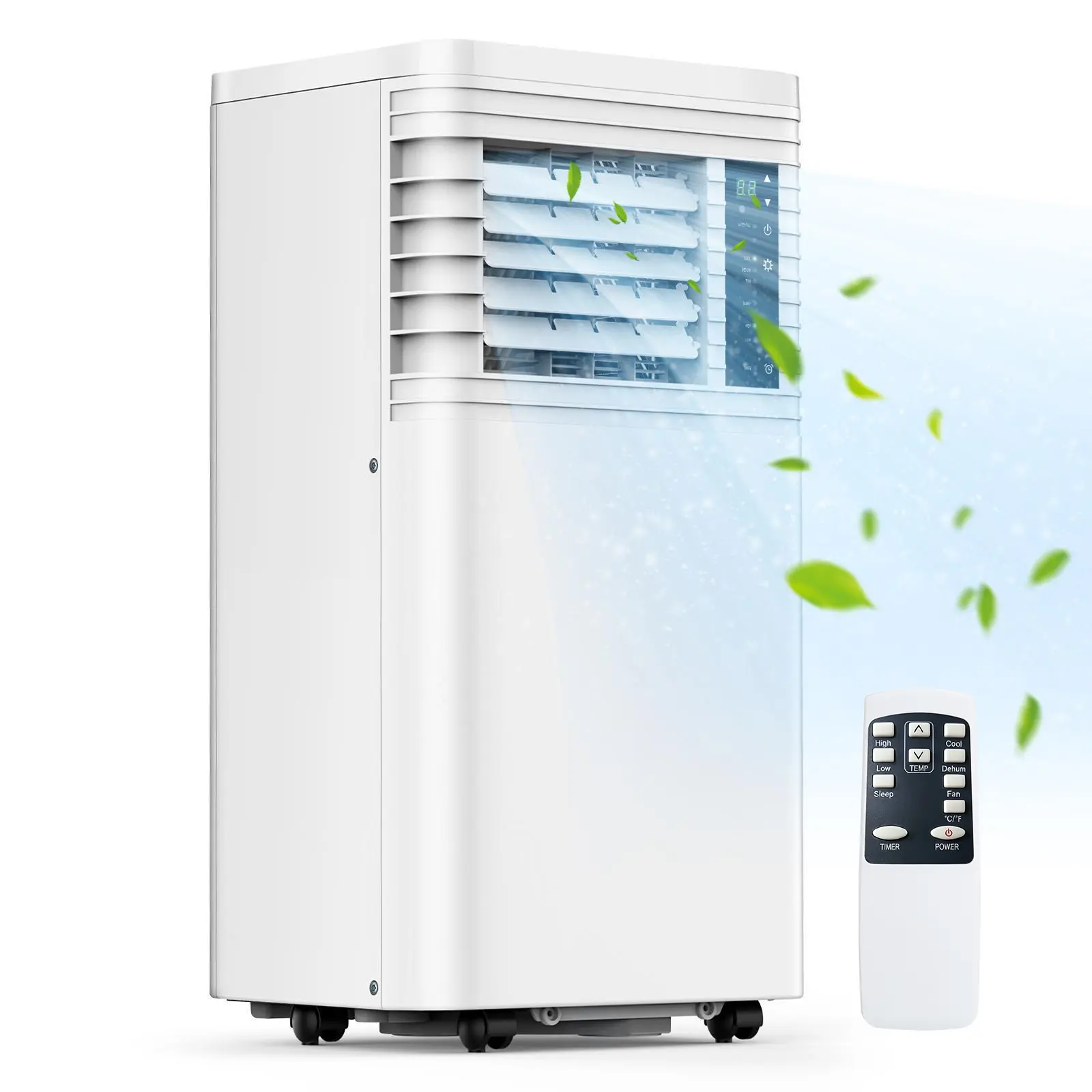 Aire acondicionado portátil 8000-10,000 BTU, enfría hasta 32 m², control remoto, pantalla LED, temporizador 24h, modo noche y kit de instalación para ventana, ideal para dormitorio, sala o oficina.