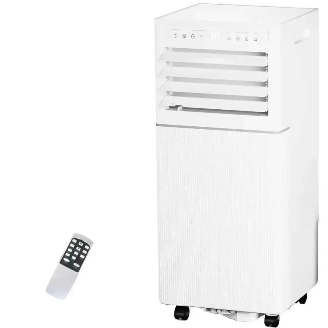 Aire acondicionado portátil 8000-10,000 BTU, enfría hasta 32 m², control remoto, pantalla LED, temporizador 24h, modo noche y kit de instalación para ventana, ideal para dormitorio, sala o oficina.
