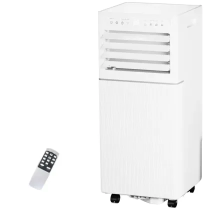 Aire acondicionado portátil 8000-10,000 BTU, enfría hasta 32 m², control remoto, pantalla LED, temporizador 24h, modo noche y kit de instalación para ventana, ideal para dormitorio, sala o oficina.