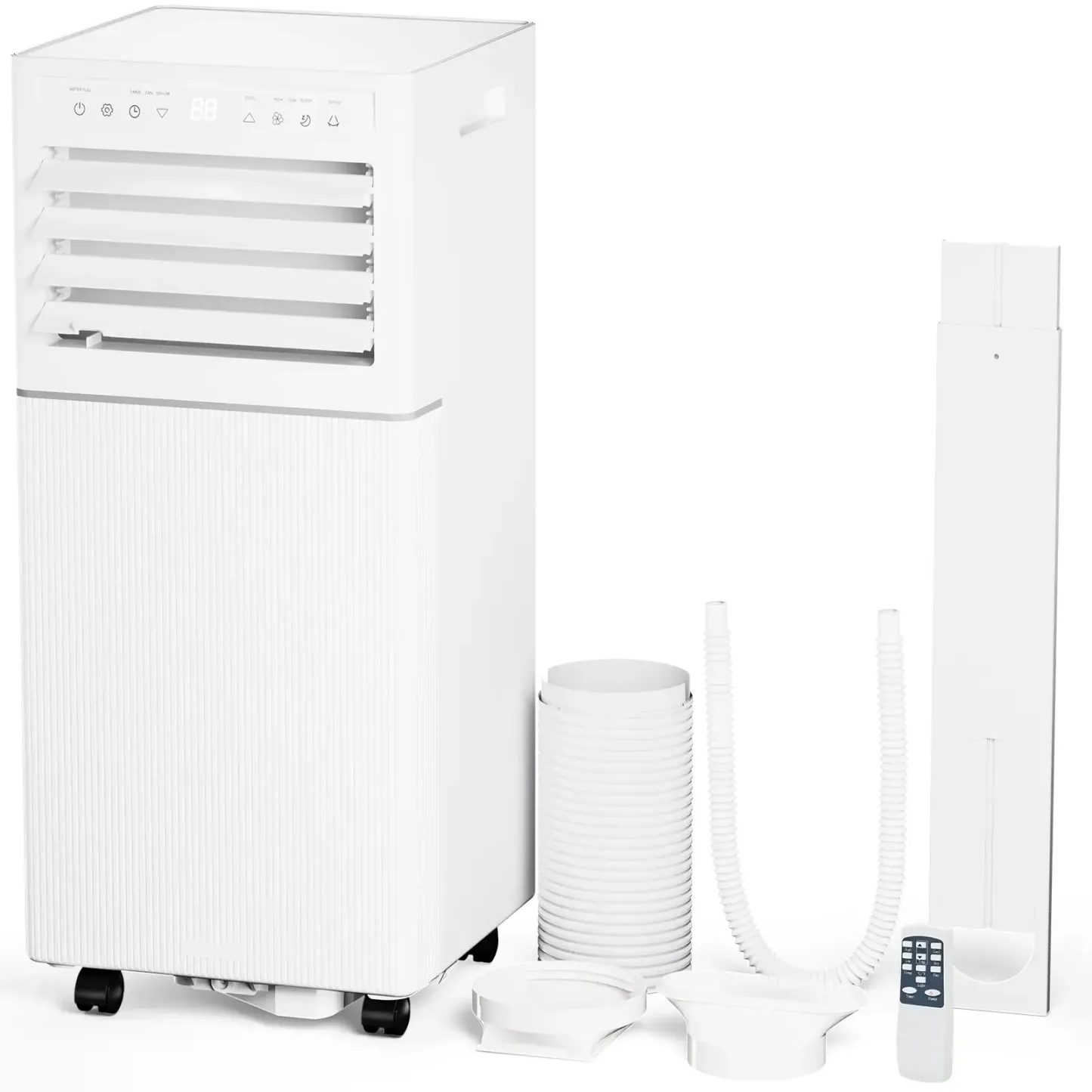 Aire acondicionado portátil 8000-10,000 BTU, enfría hasta 32 m², control remoto, pantalla LED, temporizador 24h, modo noche y kit de instalación para ventana, ideal para dormitorio, sala o oficina.