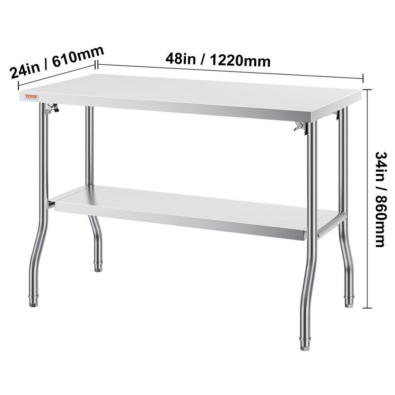 Mesa de Preparación Plegable de Acero Inoxidable Comercial 48x24", con Estante Inferior, Capacidad de 300 lb para Cocina, Restaurante y Hogar