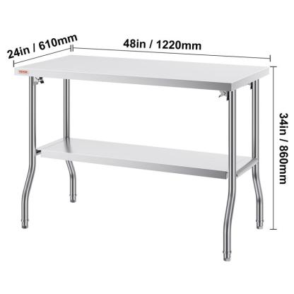 Mesa de Preparación Plegable de Acero Inoxidable Comercial 48x24", con Estante Inferior, Capacidad de 300 lb para Cocina, Restaurante y Hogar