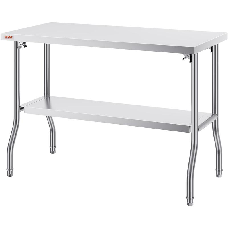 Mesa de Preparación Plegable de Acero Inoxidable Comercial 48x24", con Estante Inferior, Capacidad de 300 lb para Cocina, Restaurante y Hogar