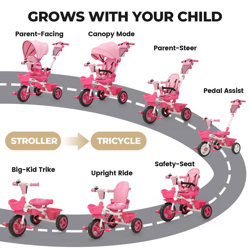 Triciclo 6 en 1 para Niños de 18 Meses a 5 Años, con Manija y Asiento Ajustables, Arnés, Toldo Desmontable y Estructura Metálica de 3 Ruedas