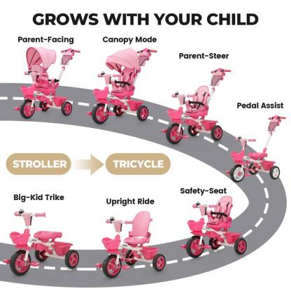 Triciclo 6 en 1 para Niños de 18 Meses a 5 Años, con Manija y Asiento Ajustables, Arnés, Toldo Desmontable y Estructura Metálica de 3 Ruedas