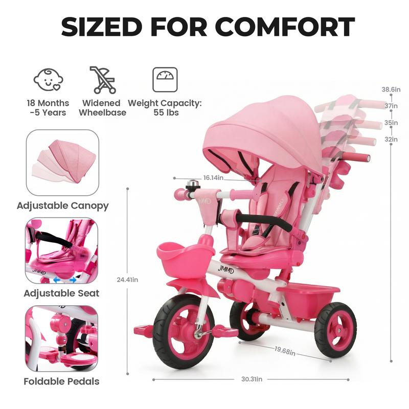 Triciclo 6 en 1 para Niños de 18 Meses a 5 Años, con Manija y Asiento Ajustables, Arnés, Toldo Desmontable y Estructura Metálica de 3 Ruedas