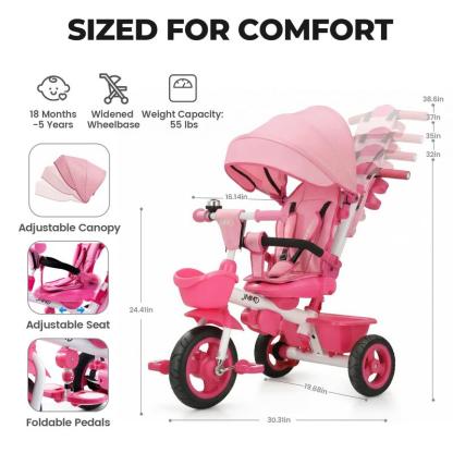 Triciclo 6 en 1 para Niños de 18 Meses a 5 Años, con Manija y Asiento Ajustables, Arnés, Toldo Desmontable y Estructura Metálica de 3 Ruedas