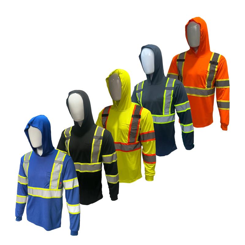 Paquete de 5 camisetas ST908 de alta visibilidad con capucha y manga larga, camisa de seguridad con capucha, material poliéster malla tipo birdseye, en varios colores.