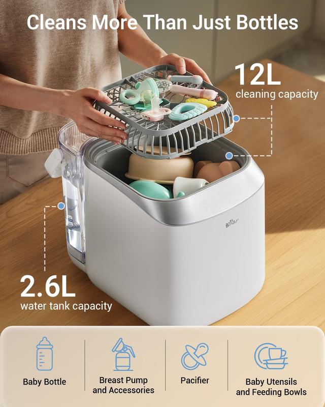 Lavadora, esterilizador y secadora todo en uno para biberones y accesorios, con 90 tabletas, limpieza automática y fácil de usar.