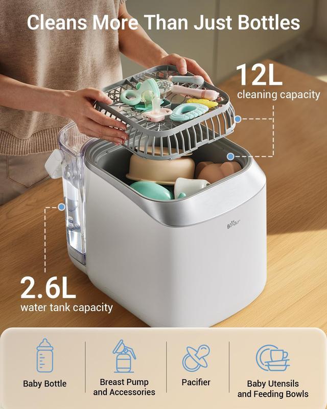 Lavadora, esterilizador y secadora todo en uno para biberones y accesorios, con 90 tabletas, limpieza automática y fácil de usar.