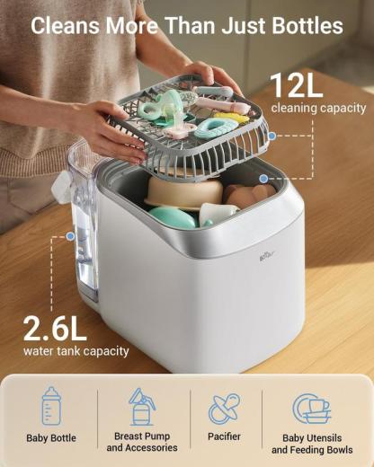 Lavadora, esterilizador y secadora todo en uno para biberones y accesorios, con 90 tabletas, limpieza automática y fácil de usar.