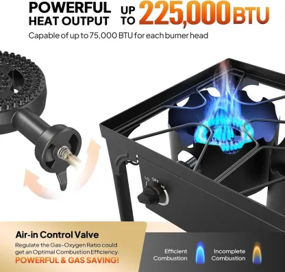 Estufa de gas de propano para exterior, 1/2/3 quemadores, hasta 225,000 BTU, con regulador CSA, ideal para camping y cocina al aire lib