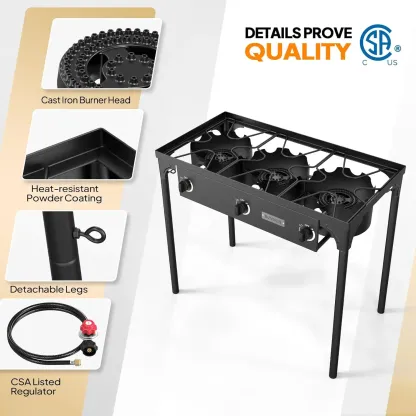 Estufa de gas de propano para exterior, 1/2/3 quemadores, hasta 225,000 BTU, con regulador CSA, ideal para camping y cocina al aire lib