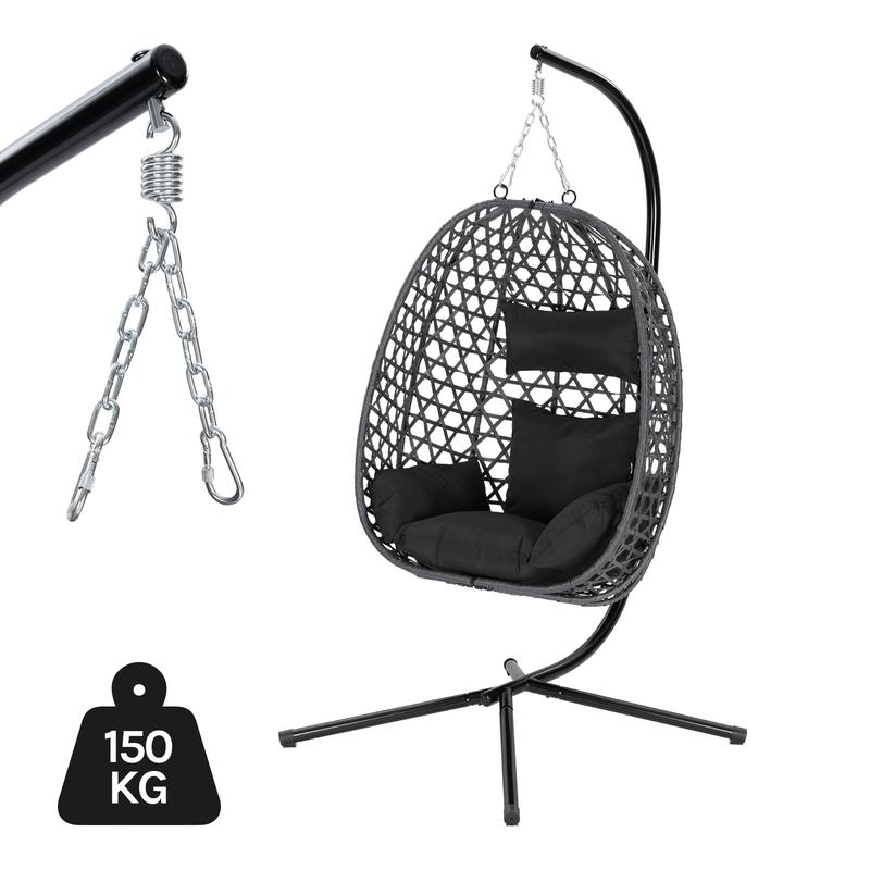 Silla colgante tipo hamaca con cojín y reposacabezas, acabado estilo ratán PE y estructura metálica resistente, soporta hasta 150 kg, ideal para jardín, patio, terraza o balcón, 102 × 100 × 196 cm, color antracita.