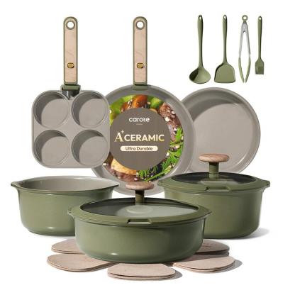 Juego de cocina de cerámica de 19 piezas, antiadherente, con mango desmontable, apto para lavavajillas y vertido fácil.