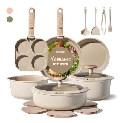 Juego de cocina de cerámica de 19 piezas, antiadherente, con mango desmontable, apto para lavavajillas y vertido fácil.