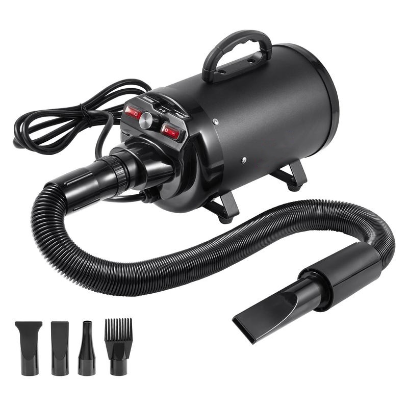 Secadora portátil para mascotas de 2000W, velocidad y temperatura ajustables, incluye 4 boquillas y manguera extensible, ideal para el cuidado y secado de perros.