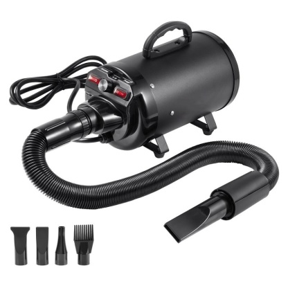 Secadora portátil para mascotas de 2000W, velocidad y temperatura ajustables, incluye 4 boquillas y manguera extensible, ideal para el cuidado y secado de perros.