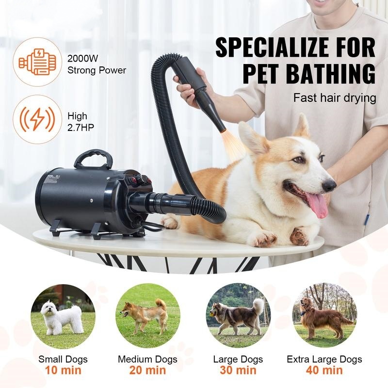 Secadora portátil para mascotas de 2000W, velocidad y temperatura ajustables, incluye 4 boquillas y manguera extensible, ideal para el cuidado y secado de perros.