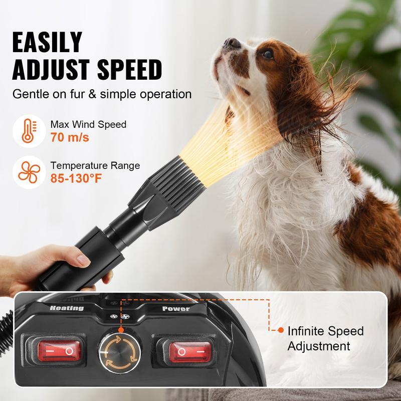 Secadora portátil para mascotas de 2000W, velocidad y temperatura ajustables, incluye 4 boquillas y manguera extensible, ideal para el cuidado y secado de perros.