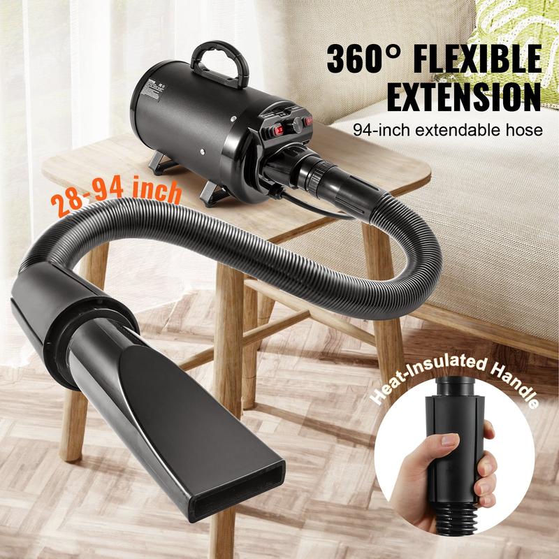 Secadora portátil para mascotas de 2000W, velocidad y temperatura ajustables, incluye 4 boquillas y manguera extensible, ideal para el cuidado y secado de perros.