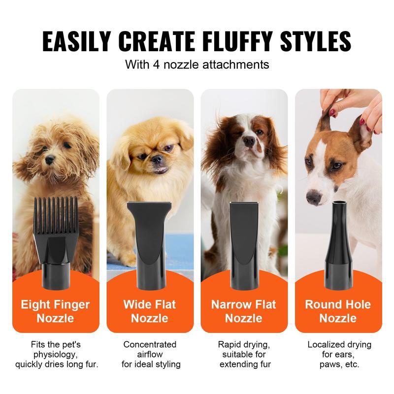Secadora portátil para mascotas de 2000W, velocidad y temperatura ajustables, incluye 4 boquillas y manguera extensible, ideal para el cuidado y secado de perros.
