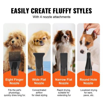 Secadora portátil para mascotas de 2000W, velocidad y temperatura ajustables, incluye 4 boquillas y manguera extensible, ideal para el cuidado y secado de perros.